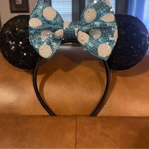 Disney Black Sequin Ears with Blue Polka Dot Bow